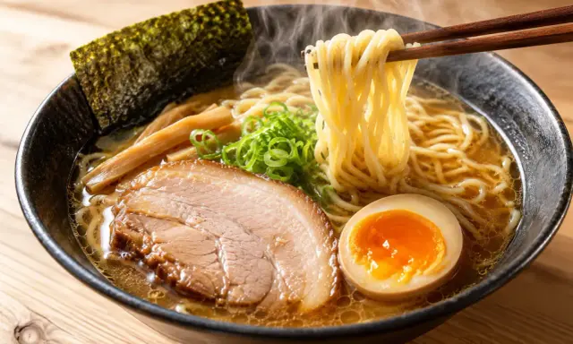 Parujące, aromatyczne **co to jest ramen** z makaronem, plastrem wieprzowiny, jajkiem i nori.
