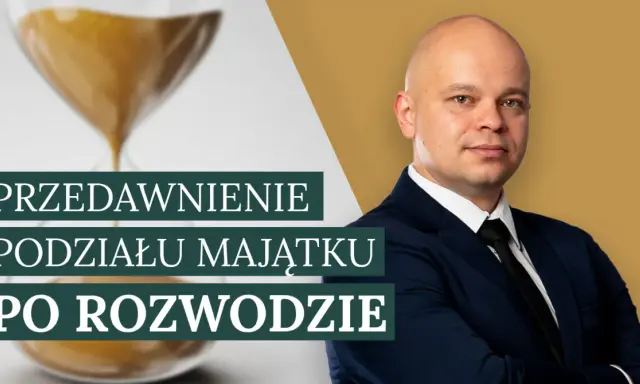 Klepsydra symbolizuje upływ czasu, a mężczyzna w garniturze sugeruje, że temat dotyczy prawnych aspektów podziału majątku po rozwodzie i przedawnienia.