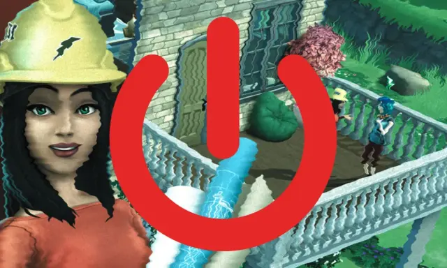 Kobieta w kasku budowlanym i czerwony symbol zasilania na tle domu z Simsów. Czas zacząć grę w The Sims Mobile!