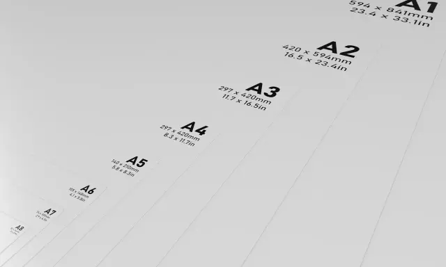 Tamaños de papel A1 a A8, mostrando la progresión de tamaño. El A0 es el más grande, el A8 el más pequeño.