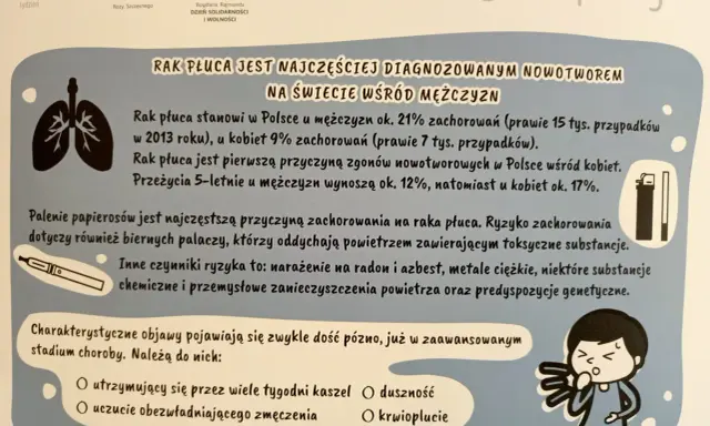 Ilustracja przedstawia symbol płuc, papierosa elektronicznego i sylwetkę kaszlącej osoby.
