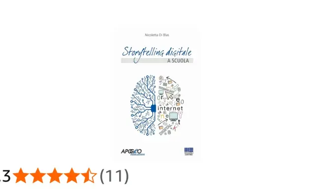 Copertina libro "Storytelling digitale a scuola". Un cervello stilizzato, metà circuito elettronico, metà disegni legati a internet e tecnologia, simboleggia un'app per storytelling.