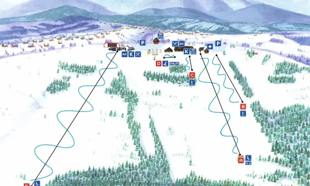 Mapa wyciągów narciarskich w Bukowinie Tatrzańskiej. Widok na stoki, lasy i górskie chatki.