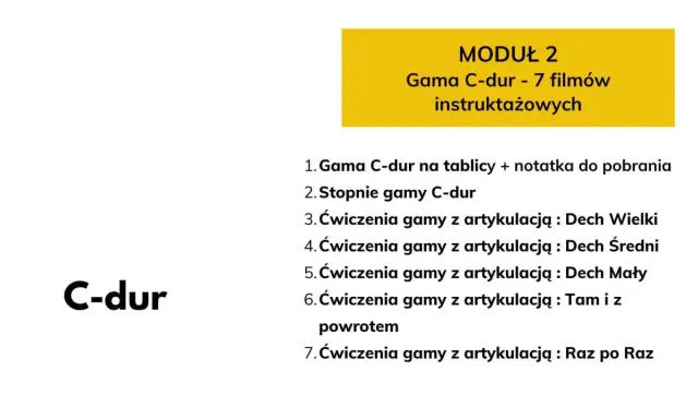 Moduł 2: Gama C-dur i jej stopnie. Lista 7 filmów instruktażowych, w tym ćwiczenia artykulacyjne.