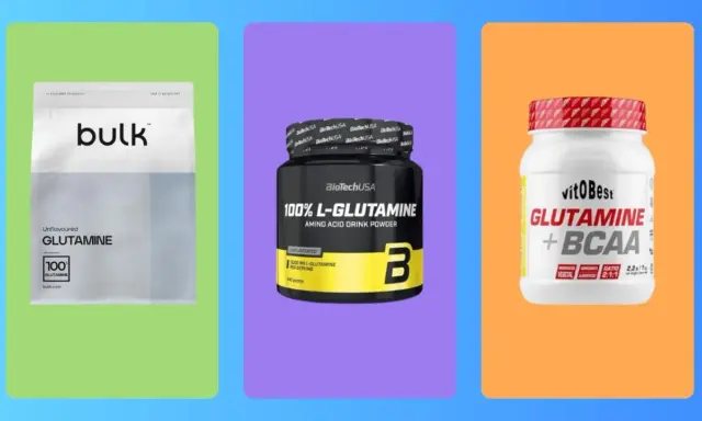 Tres productos de glutamina: bolsa de Bulk, bote de BioTechUSA y bote de VitoBest. Aprende como tomar glutamina para tus objetivos.