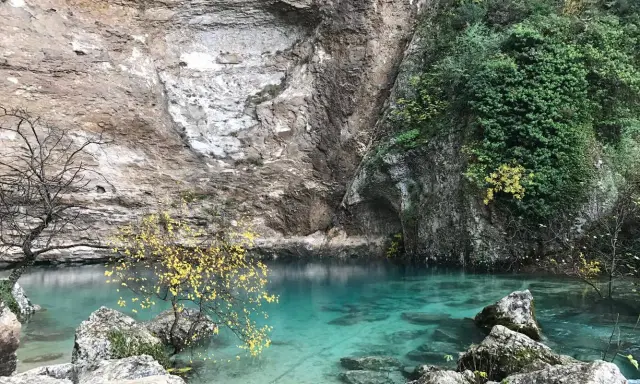 La source de la Sorgue, une eau turquoise limpide émergeant d'une falaise rocheuse, entourée de végétation et d'arbres aux feuilles d'automne.