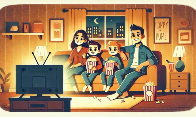 Rodzina ogląda telewizję, jedząc popcorn. Idealny wieczór z serialami do nauki angielskiego.
