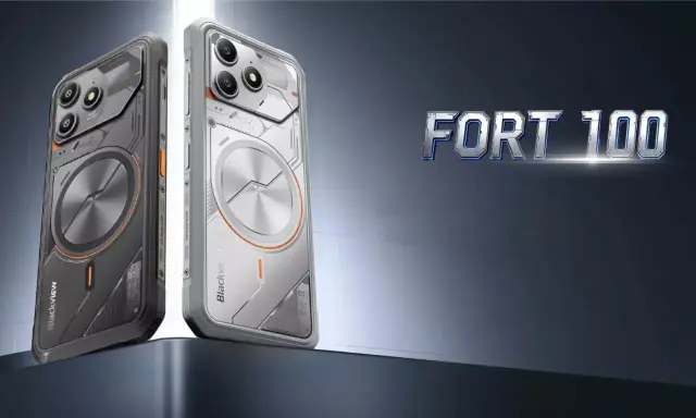 Dwa wytrzymałe telefony Blackview Fort 100, jeden szary, drugi biały, z widocznym logo firmy.