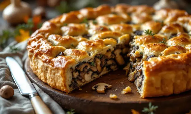 Une tourte aux champignons dorée et appétissante, coupée en part, révèle une garniture généreuse. Un couteau est posé à côté.