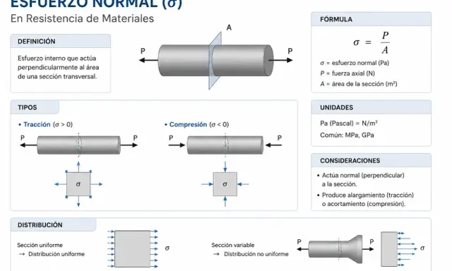 Diagrama de esfuerzo normal (σ) en resistencia de materiales. Muestra la fórmula σ = P/A, donde P es la fuerza axial, y tipos de tracción y compresión.