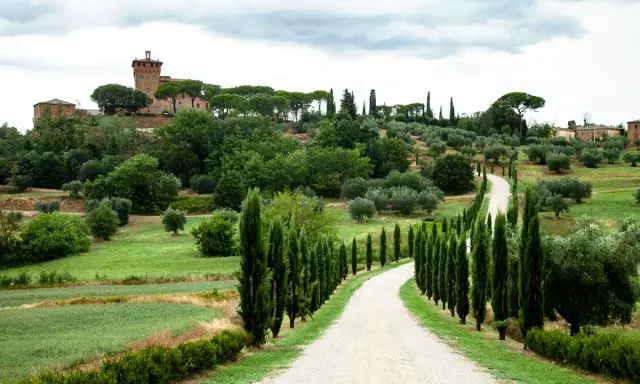 Un suggestivo itinerario Val d'Orcia 2 giorni: strada bianca tra cipressi e colline verdi, con un borgo in lontananza.