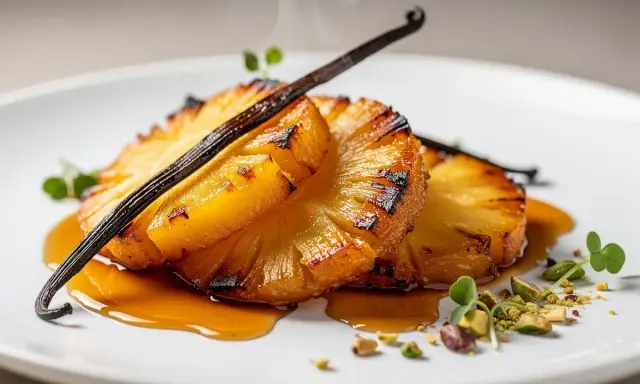 Ananas rôti à la poêle, caramélisé et fumant, garni d'une gousse de vanille et de pistaches concassées. Un délice visuel et gustatif.
