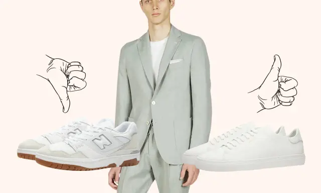 Stylizacja z marynarką i sneakersami. Po lewej sportowe, po prawej eleganckie. Kciuk w górę dla tych drugich.