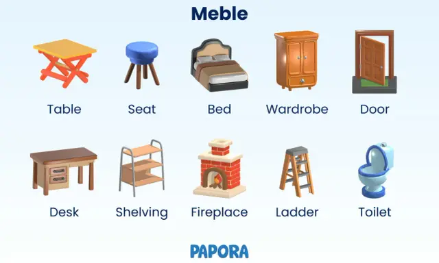 Różnorodne meble po ang.: stół, stołek, łóżko, szafa, drzwi, biurko, regał, kominek, drabina, toaleta.