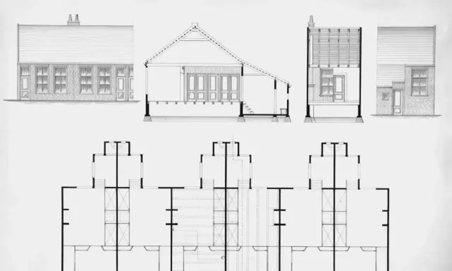 Rysunki architektoniczne: elewacje, przekrój i rzut parteru budynku. Pokazują rozmieszczenie pomieszczeń i ich całkowita powierzchnia.