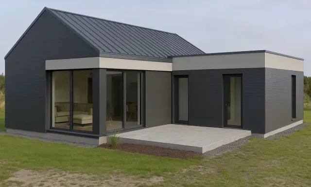 Nowoczesna dobudówka do starego domu, z dużymi przeszkleniami i grafitową elewacją. Projekty takich rozbudów to świetny pomysł na powiększenie przestrzeni.