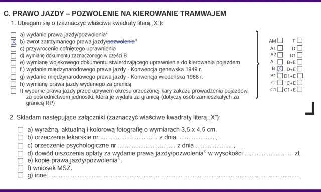Formularz wniosku o zwrot zatrzymanego prawa jazdy na rok.