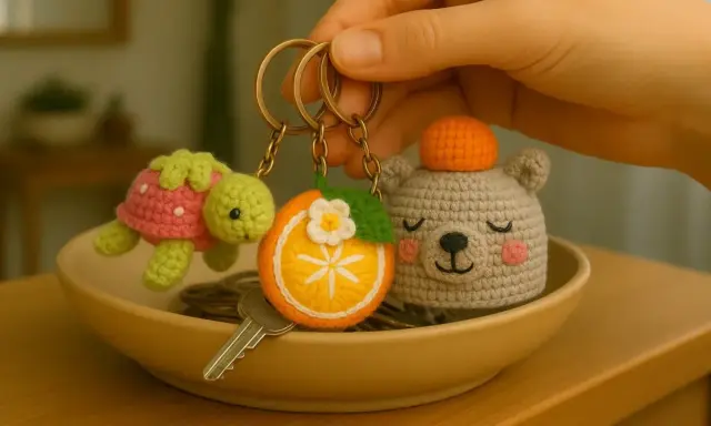 Llaveros a crochet para hombres: una tortuga fresa, una rodaja de naranja y un osito con gorro.