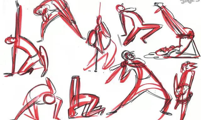 Snabb skiss av kroki bilder i rött och svart. Figurer i olika poser, som en basebollspelare och någon som gör yoga.