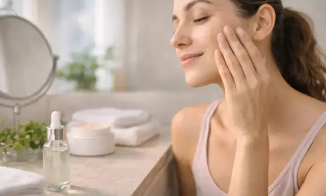 Une femme applique délicatement un sérum sur son visage, un geste simple pour apprendre comment appliquer un sérum et sublimer sa peau.