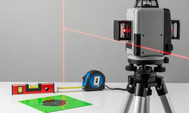 Poziomica laserowa z czerwonymi liniami, miarką, tarczą celowniczą i poziomicą libellową.
