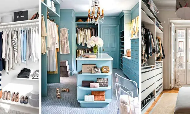 Tres vestidores cerrados: uno blanco minimalista, otro azul celeste con isla central y un tercero blanco con cajones y perchero.
