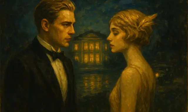 Coppia elegante davanti a una villa illuminata, evocando la trama de "Il grande Gatsby" e i suoi sogni dorati.