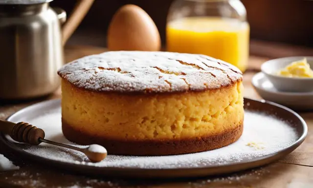 Gâteau génoise saupoudré de sucre glace, prêt à être dégusté. Les ingrédients pour sa cuisson sont visibles en arrière-plan.