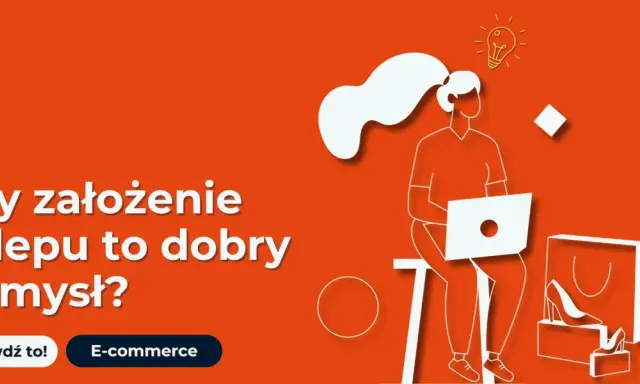 Grafika zachęca do rozważenia założenia sklepu internetowego. Kobieta z laptopem i żarówką nad głową symbolizuje pomysł na e-commerce.