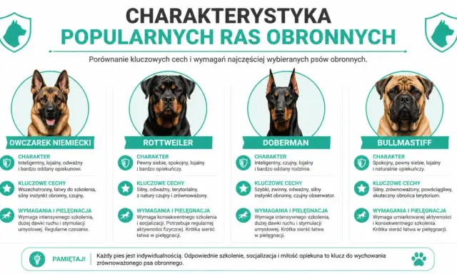 Cztery popularne rasy psów obronnych: owczarek niemiecki, rottweiler, doberman i bullmastiff. Te **małe psy** (w porównaniu do innych ras obronnych) mają różne cechy charakteru i wymagania.