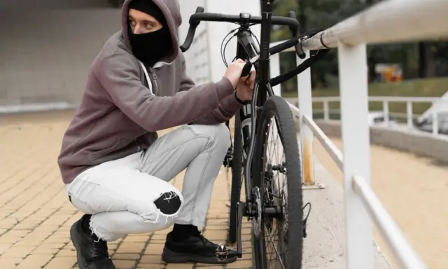 Mężczyzna w masce i kapturze próbuje ukraść rower, odpinając go od poręczy.