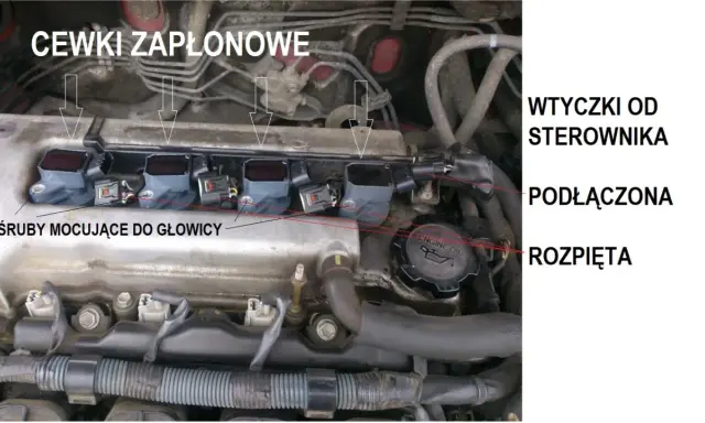 Cewki zapłonowe w samochodzie, przykręcone do głowicy. Widać wtyczki od sterownika, podłączone i rozpięte.