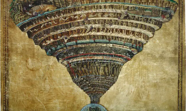 Illustrazione dettagliata de l'inferno di Dante, con i suoi gironi a imbuto e le anime dannate.