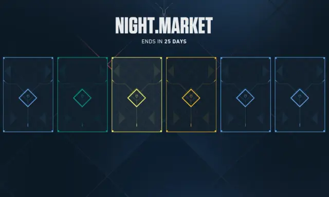 Nocny rynek Valorant: sześć kart z niebieskimi, zielonymi i żółtymi ramkami, każda z symbolem rombu.