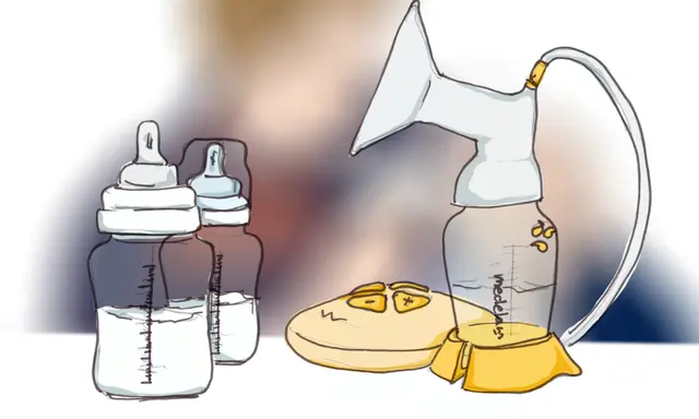 Zwei Milchflaschen und eine Milchpumpe. Die Flasche der Milchpumpe ist fast leer, was darauf hindeutet, dass beim Abpumpen kaum Milch kommt.