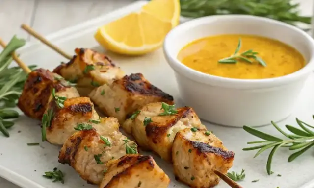 Brochettes de poulet grillé, savoureuses et juteuses, prêtes à être dégustées avec leur sauce onctueuse. Une marinade brochette poulet parfaite pour l'été.