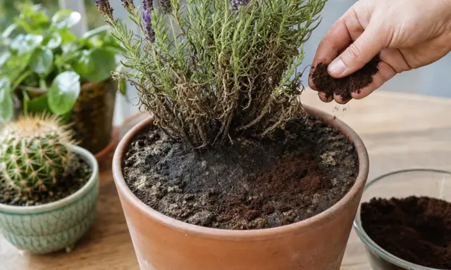 Une main saupoudre du marc de café répulsif autour d'une plante en pot. D'autres plantes sont visibles en arrière-plan.
