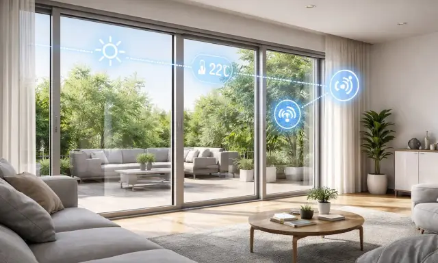 Modern living room with large sliding windows showing a patio and garden. Icons indicate smart home features like temperature control and connectivity, highlighting the **ventanas inteligentes**.