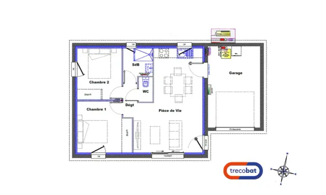 Plan d'une petite maison 50m2 avec deux chambres, une pièce de vie, une salle de bain, WC et un garage.