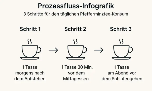 Infografik: 3 Schritte für täglichen Pfefferminztee-Konsum zur Unterstützung beim Abnehmen: morgens, mittags und abends.