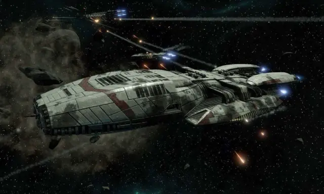 Bitwa kosmiczna w stylu Battlestar Galactica Deadlock. Statek zwiadowczy otoczony asteroidami, w tle widać inne jednostki i ślady walki.