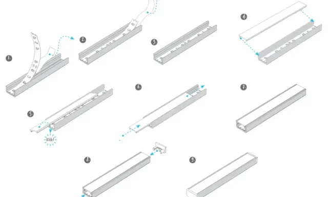 Instrukcja montażu taśmy LED w listwie aluminiowej. Krok po kroku pokazano, jak umieścić taśmę, zamknąć profil i dodać zaślepki.