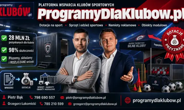 Dwie osoby prezentują platformę wsparcia klubów sportowych. Oferują pomoc w pozyskiwaniu środków, w tym subwencji, na sprzęt i infrastrukturę.