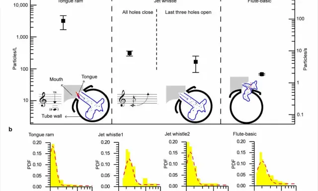 Graphiques comparant la production de particules de différents instruments à vent, dont la flûte et le sifflet.