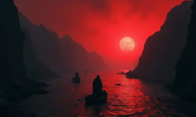 Boote gleiten durch einen blutroten Himmel, der wie eine **Fluss-Unterwelt** wirkt. Berge ragen im Nebel auf, während eine große, rote Mondscheibe den Weg erhellt.
