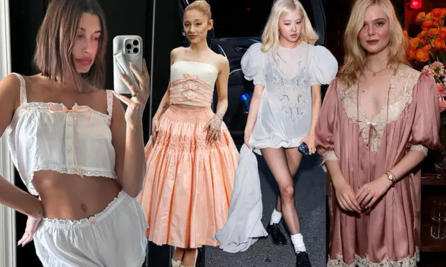 Four women showcase coquette style: Hailey Bieber in white lingerie, Ariana Grande in a peach ballgown, Rosé in a sheer white dress, and Elle Fanning in a pink satin robe.
