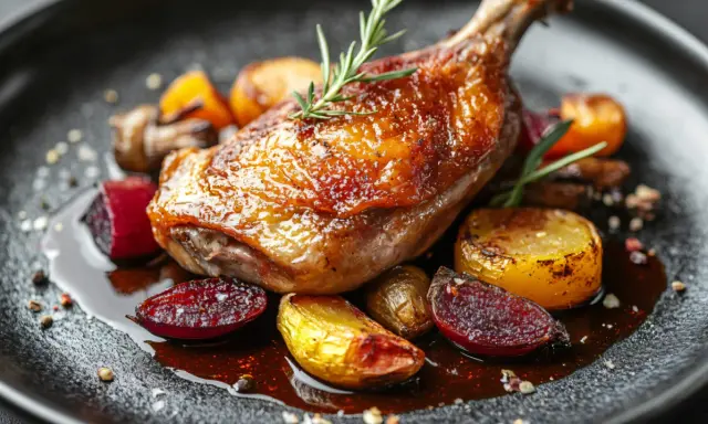 Confit de canard, une des spécialités de Dordogne, servi avec des légumes rôtis et une sauce savoureuse.