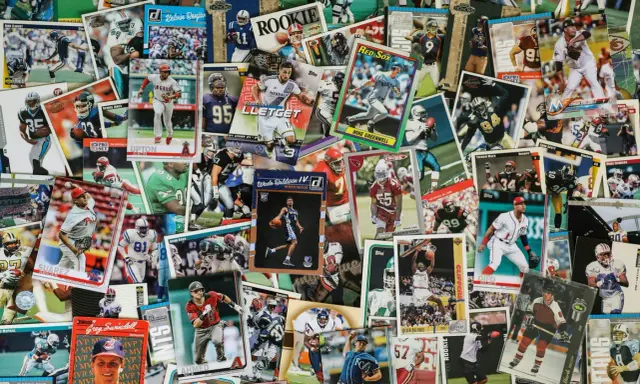 A colorful collage of sports trading cards, showcasing baseball, basketball, and football players. This collection could be part of an art consignment, where unique items are displayed and sold.