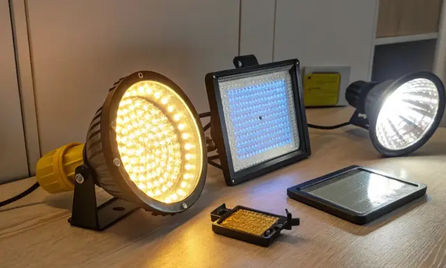 Różne źródła światła, w tym reflektor LED o ciepłej barwie, panel z niebieskimi diodami i tradycyjna żarówka halogenowa. Każda jednostka strumienia świetlnego ma swoje zastosowanie.