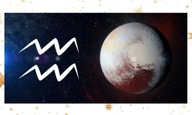 Pluton w wodniku, symbol zodiaku Wodnik i planeta Pluton na tle kosmosu.